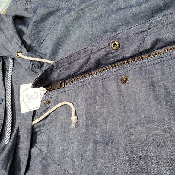 E Hyphen World Gallery Pleated Chambray Hooded 3/4 Sleeve Lightweight Jacket - Picture 6 of 12